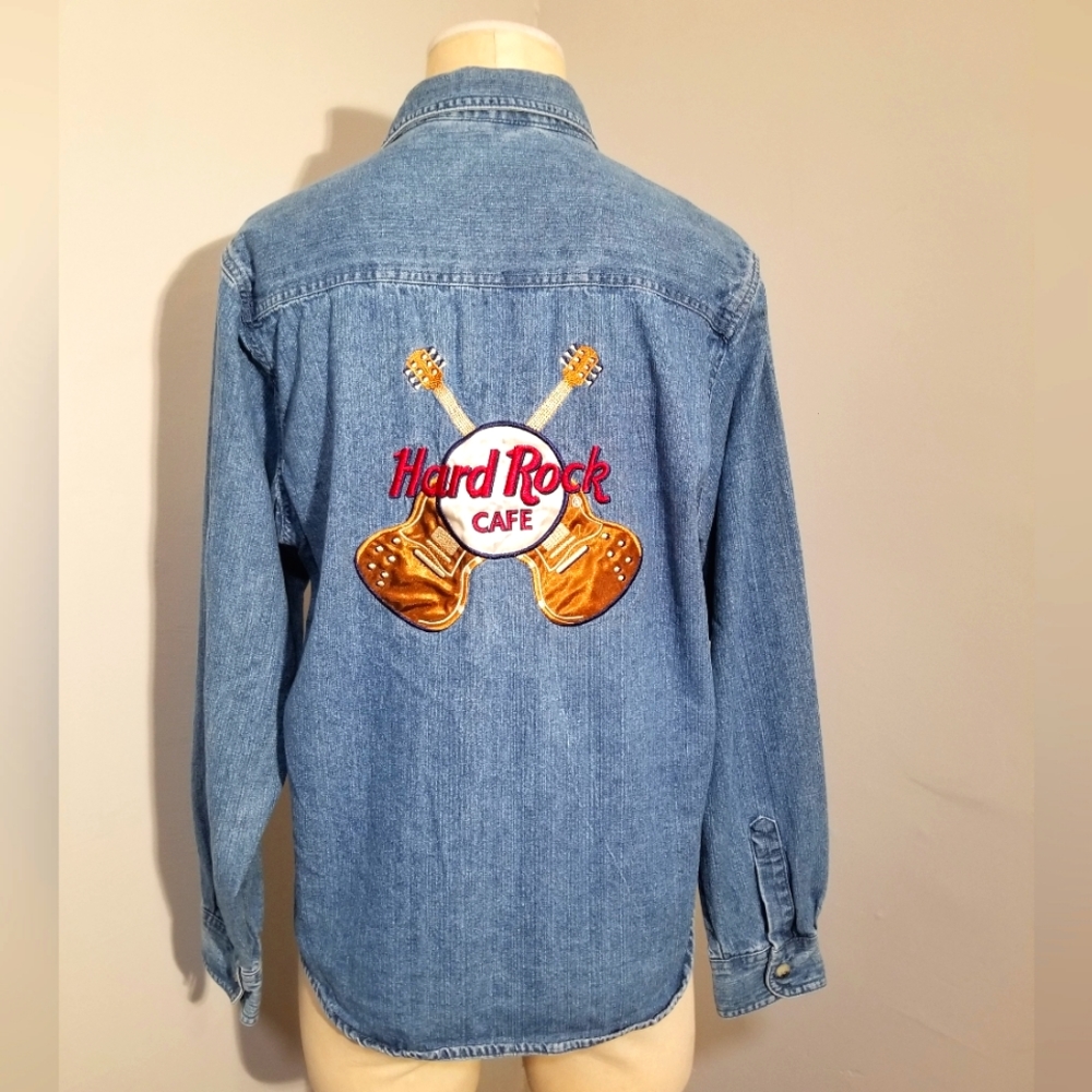 HARD ROCK CAFE LAS VEGAS DENIM BUTTON DOWN SHIRT GUITARS PARTY ROCKER PREPPY L